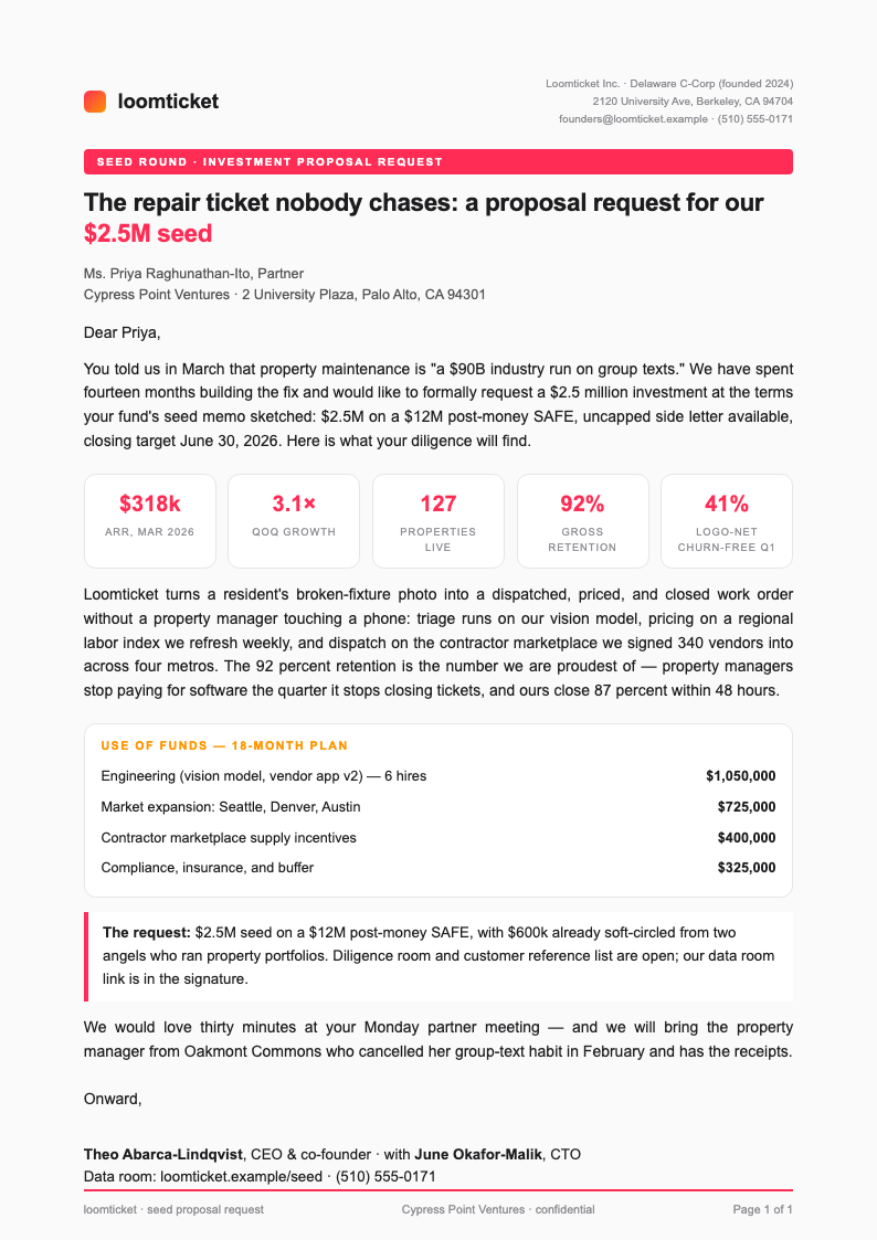 Startup Pitch Proposal Request